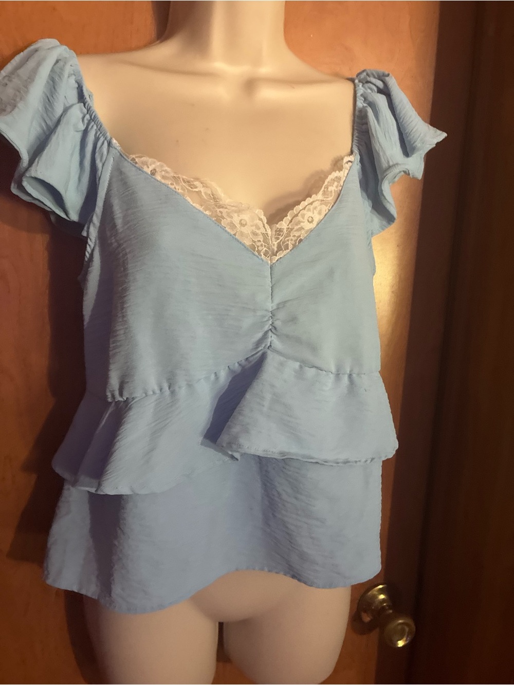 Liberty Love Light Blue Lace-Trim Ruffle Peplum Camisole Cottagecore